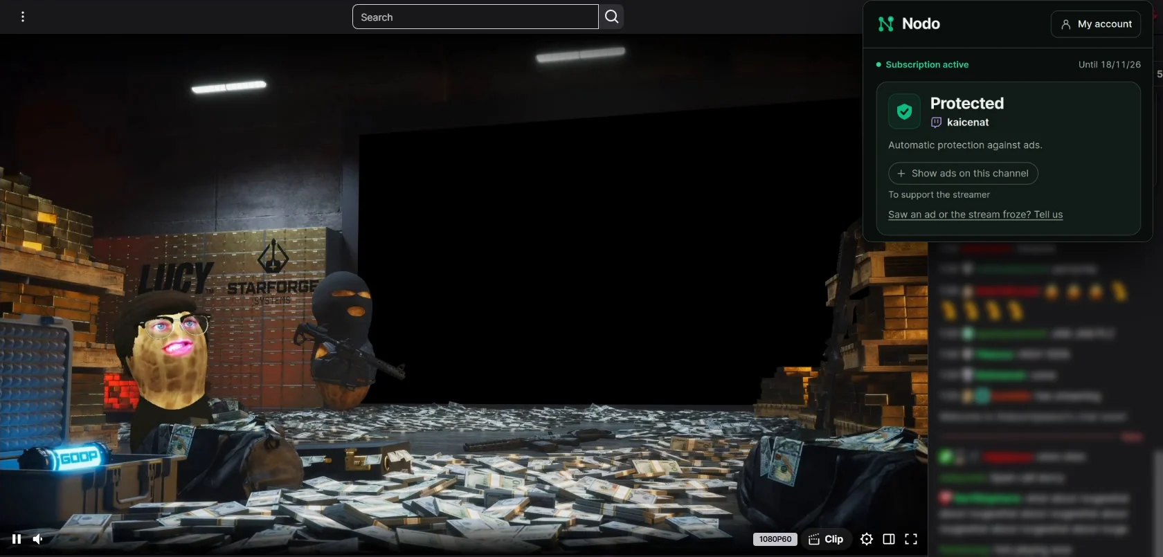 The same stream in 1080p60 with the Nodo popup open: subscription active and channel protected