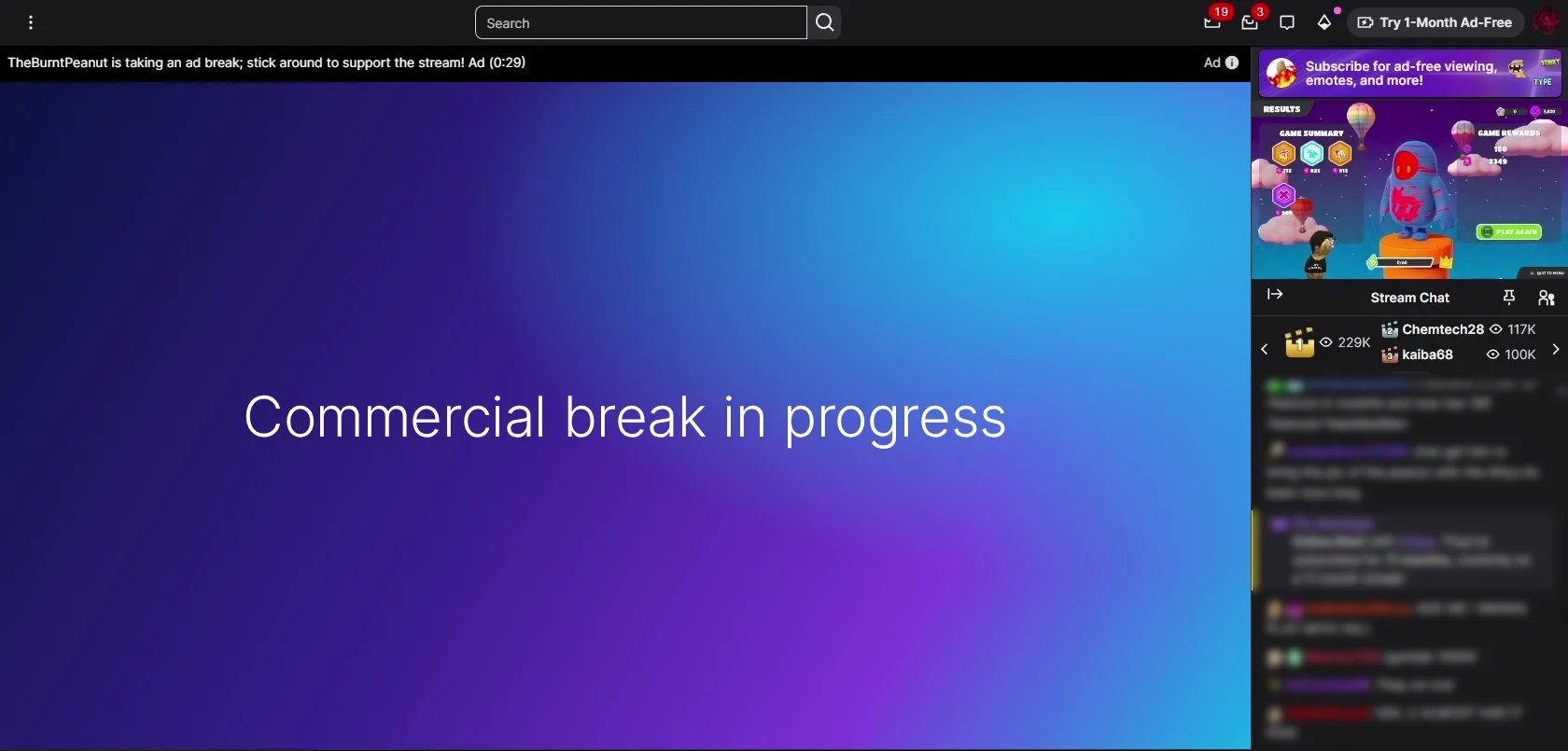 Twitch page during a commercial break: the "Commercial break in progress" screen instead of the stream